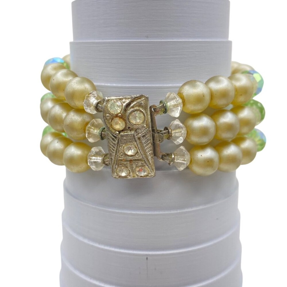 Vintage Faux Pearl Green Crystal Bracelet Rhinestone Box Clasp MCM 1940s-1950s - Picture 3 of 12